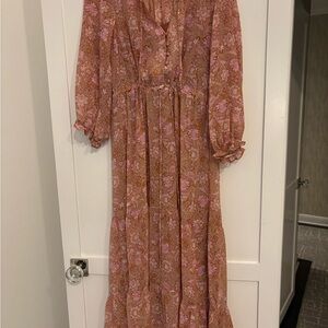 Mango Pink Maxi Dress with Bishop Sleeves and V-Neck